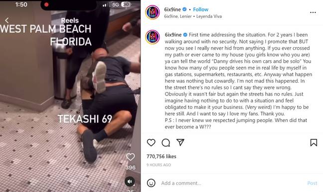 The rapper posted footage of the attack to Instagram along with a message. Credit: Instagram/@6ix9ine