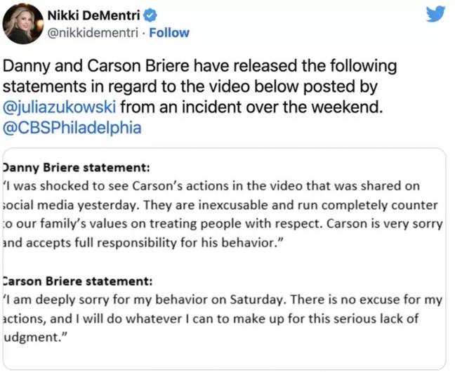 Briere apologised after the incident. Credit: Twitter/@nikkidementri