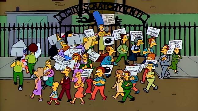 Marge causes a protest over a beloved Springfield show. Credit: 20th Century Fox