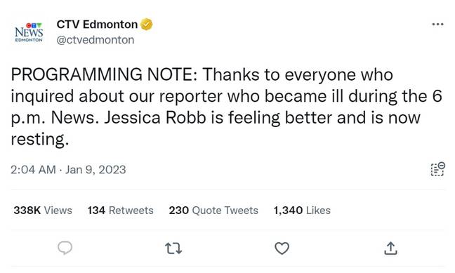 A health update reassured worried viewers Jessica was alright. Credit: Twitter/@ctvedmonton