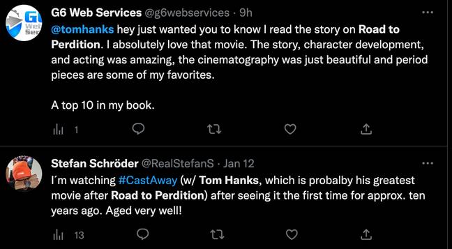 Hanks fans have flocked to Twitter in support of 'Road to Perdition'. Credit: Twitter