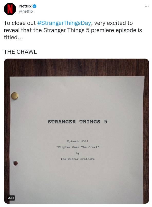 We know the title of the first new episode of Stranger Things. Credit: Twitter/@netflix
