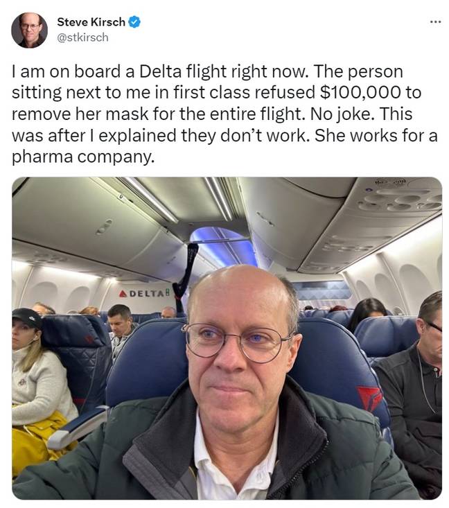 A tech tycoon and well-known lockdown sceptic claimed he offered a woman on a plane $100k to take off her face mask. Credit: Twitter/@stkirsch