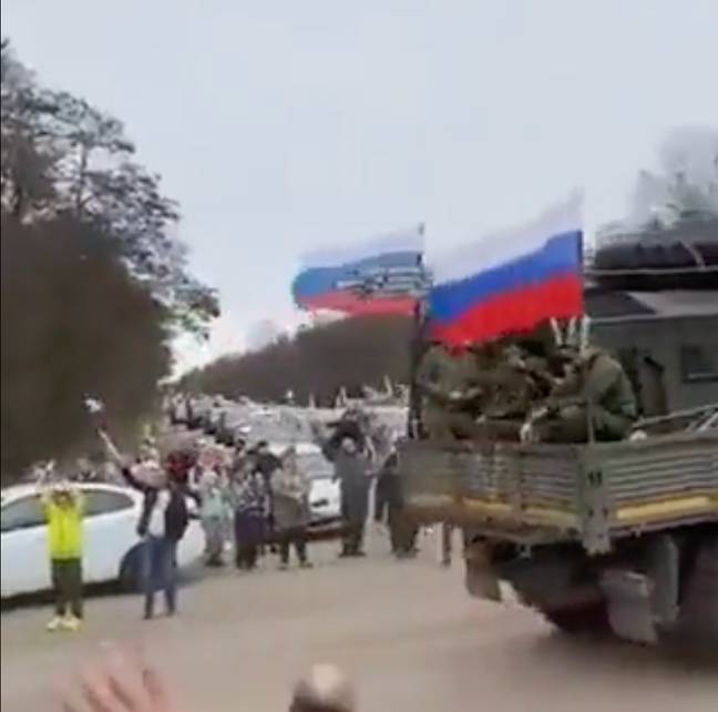 Crowds of people gather to wave off Russian troops on their way to fight in Putin's 'special military operation' in Ukraine. Credit: @DefenceU/Twitter