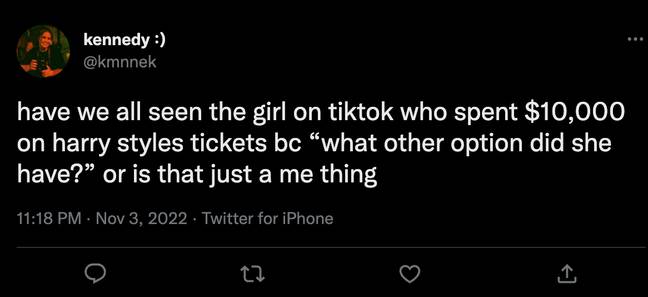 Social media users were not amused with how much Lynn spent on the tickets. Credit: @kmnnek/ Twitter