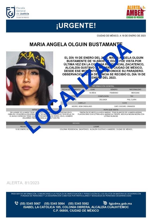 Maria Angela Olguín went missing for 48 hours. Credit: Attorney General's Office of Mexico City