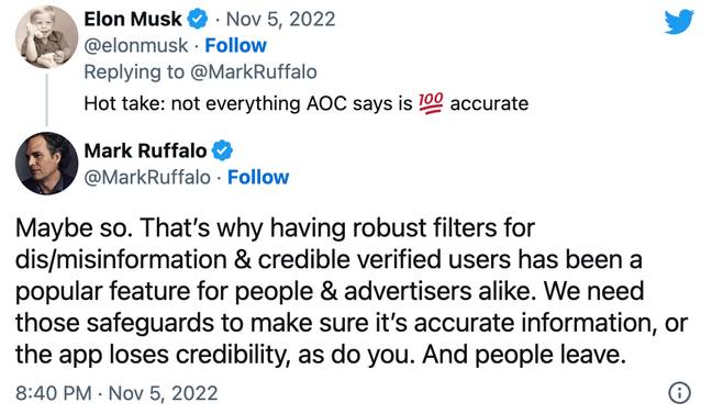 Musk then fired back: “Hot take: Not everything AOC says is 100 per cent accurate”. Credit: Twitter