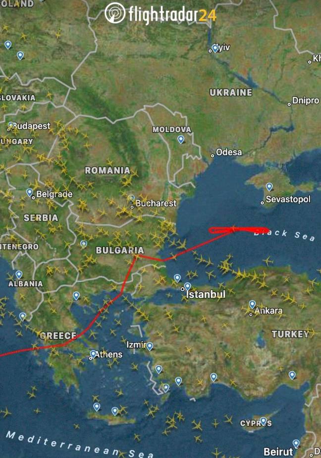 The flight path heads from Sicily over to the Black Sea. Credit: Flightradar24