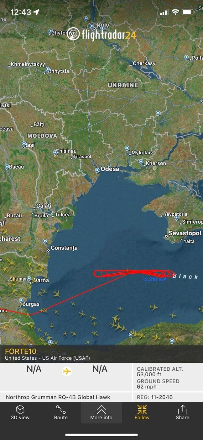The flight path shows the aircraft as hovering by Ukraine for hours. Credit: Flightradar24