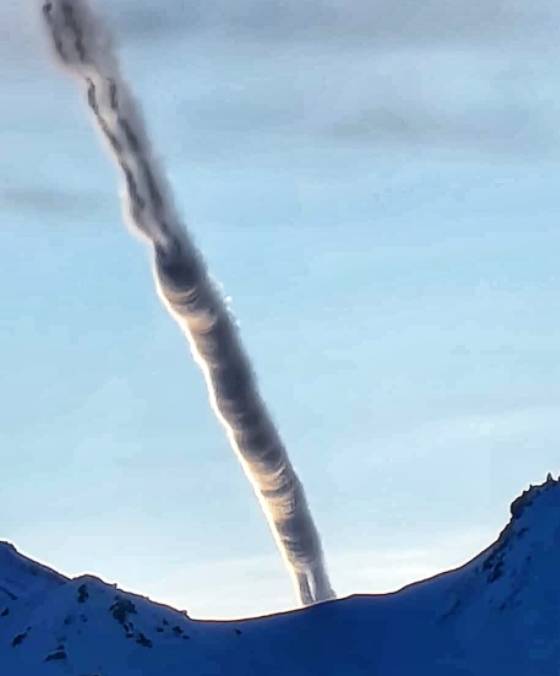 Conspiracy theorists have speculated whether the strange cloud in Alaska is a result of a plane crash, a UFO or rocket launch. Credit: Elisabeth Griesmer Ahlvin/ Facebook