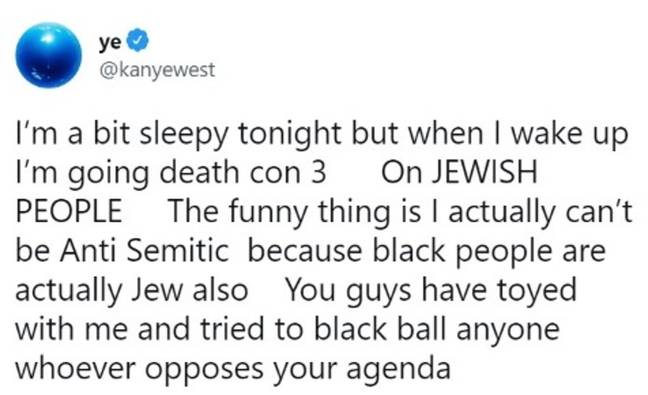 Ye was banned from Twitter after this tweet. Credit: Twitter/Ye