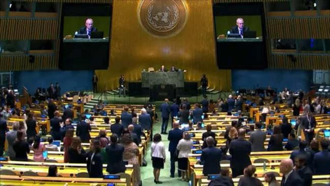 Many delegations rose to applaud Zelenskyy's speech. Credit: United Nations