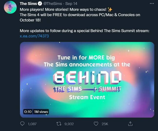 EA announced The Sims 4 would be free to download back in September. Credit: @TheSims/Twitter.