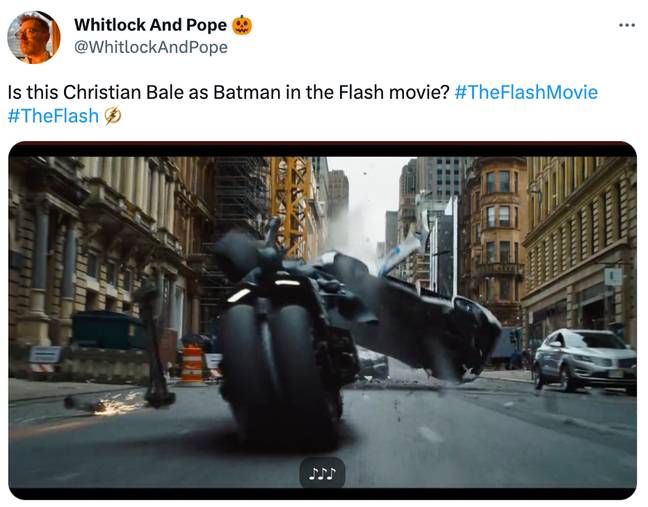 “So did anybody else see Christian Bale's Batman in The Flash trailer?&quot; Credit: Twitter/DC