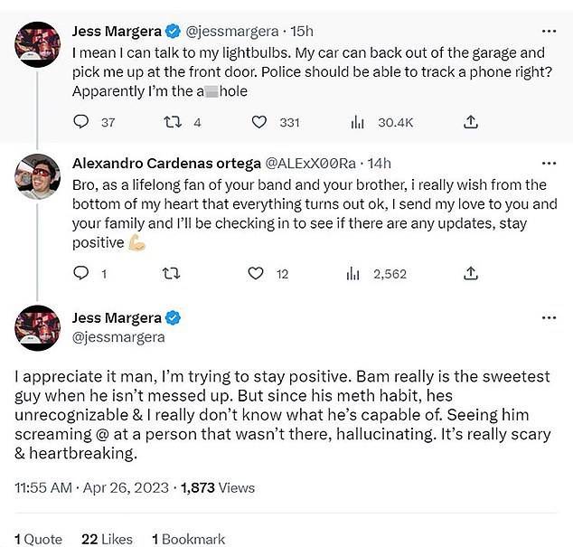 Bam Margera's brother Jess shares the 'scary' incident that led to the Jackass star being on the run from police. Credit: Twitter