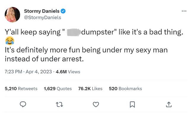 Stormy Daniels hit back at Trump supporters for their abuse and reminded them that their man had just been arrested. Credit: Twitter/@StormyDaniels