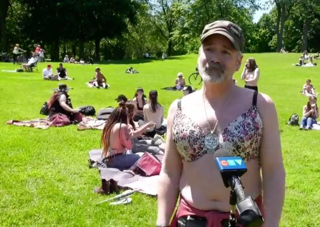 Stephane Salois wore a bra to highlight the issue of gender inequality. Credit: CTV News