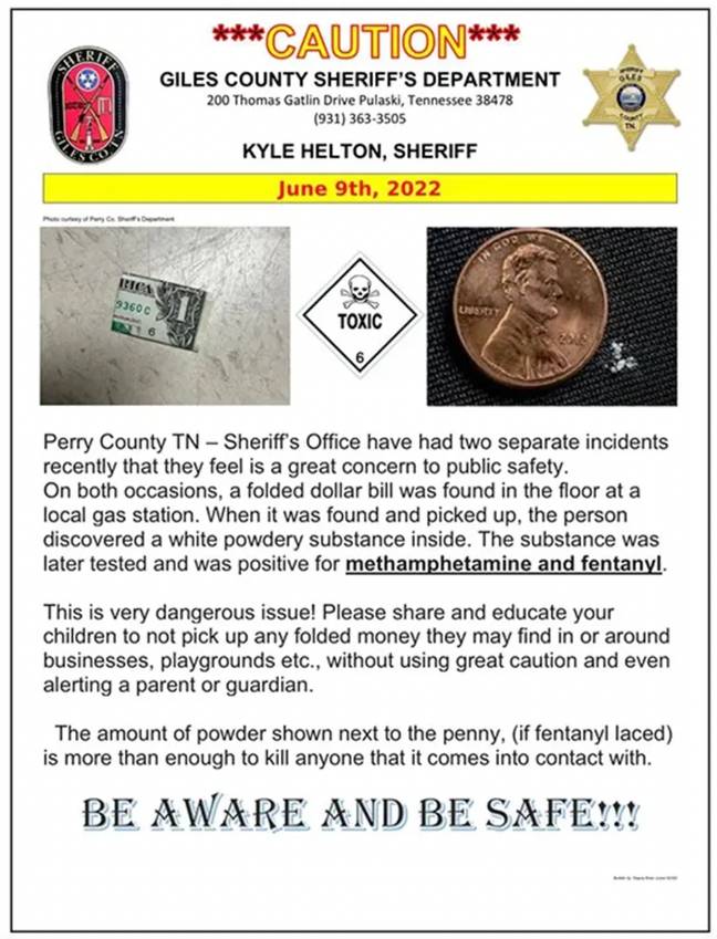 People are being warned not to pick up folded dollar bills from the ground. Credit: Giles County Sheriff’s Office