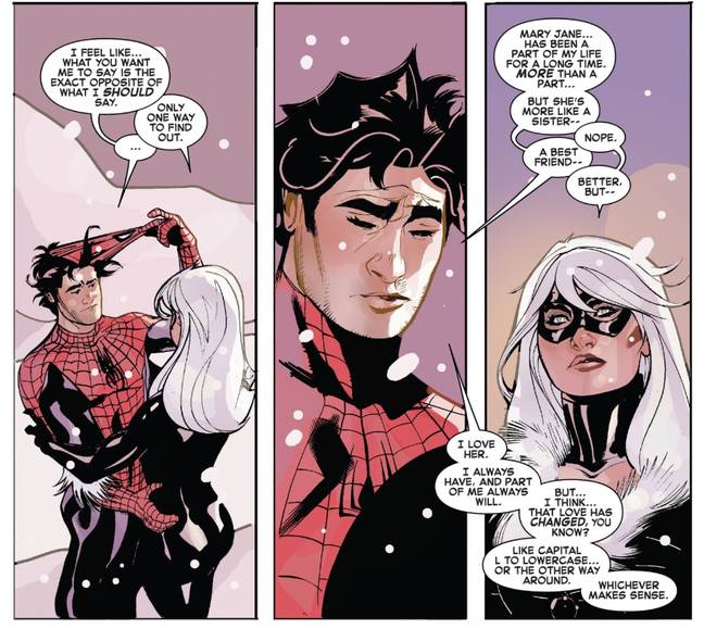 How it's going, with Spider-Man saying Mary Jane is more like a sister to him while he's got his hands on a woman in a skintight catsuit. Credit: Marvel