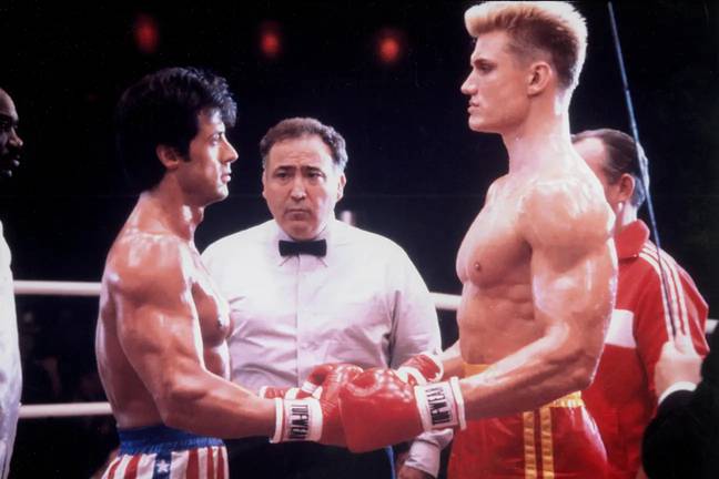 Sylvester Stallone and Dolph Lundgren in Rocky IV. Credit: PictureLux / The Hollywood Archive / Alamy Stock Photo