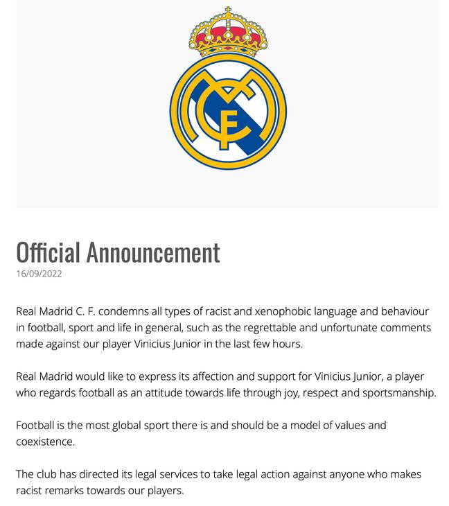 Real Madrid's statement supporting their Brazilian superstar. Credit: realmadrid.com