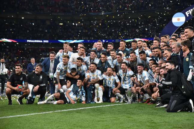 Argentina player celebrating their Finalissima victory over Italy in June. (Image Credit: Alamy)