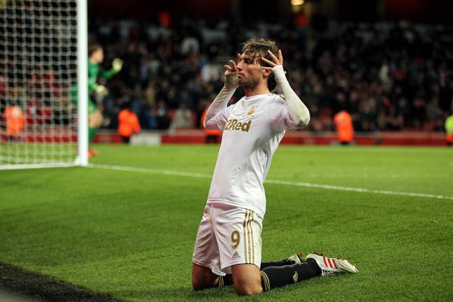 Michu's famous celebration on display at the Emirates. Image: Alamy