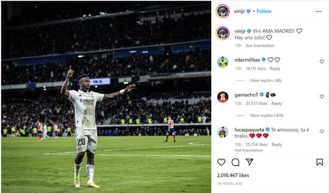 Vinicius Junior responds to Atletico Madrid's taunt. Image: Instagram 