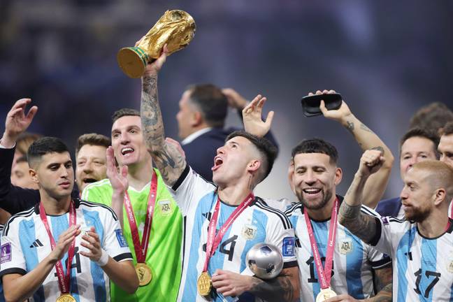 Enzo Fernandez lifts the World Cup. Image; Alamy 