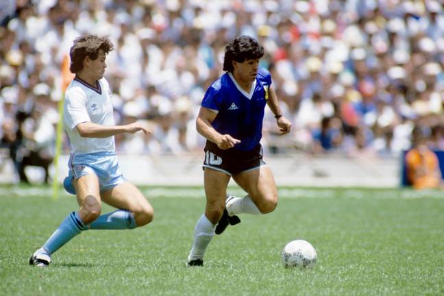 England's Steve Hodge moves in to tackle Argentina's Diego Maradona. Image credit: Alamy