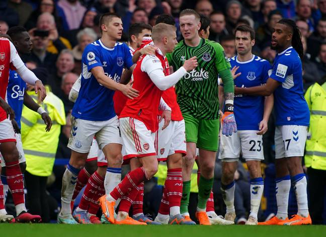 Tempers flare between players at Goodison Park. Image: Alamy 