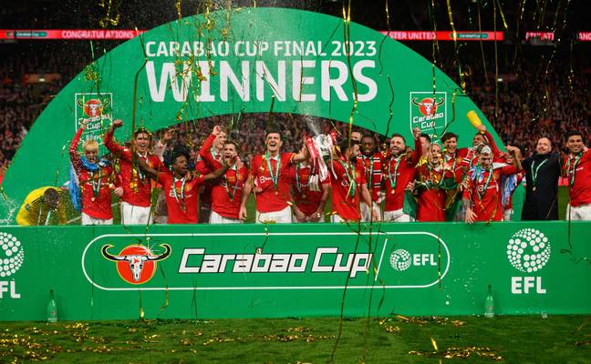 Manchester United players celebrate winning the Carabao Cup. Image: Alamy 