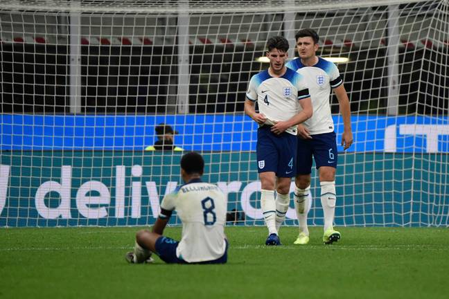 Jude Bellingham, Declan Rice and Harry Maguire sum up the mood of the nation. Image: Alamy