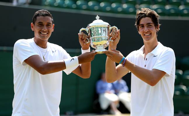 Kyrgios and Kokkinakis with their Wimbledon Boy's title. Image: PA Images