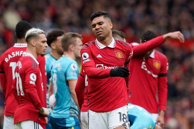 Casemiro was clearly unhappy with his red card. Image: Alamy