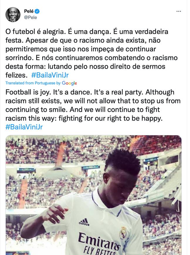 Fellow countryman Pele came out in support of Vinicius Jr. Credit: Twitter/@Pele
