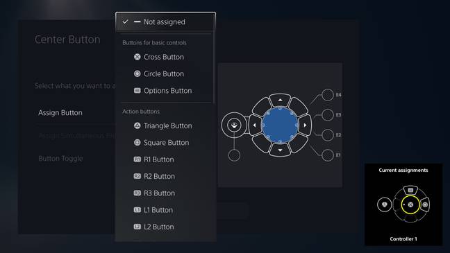 A screenshot showing the Access controller's button mapping options. / Credit: Sony.