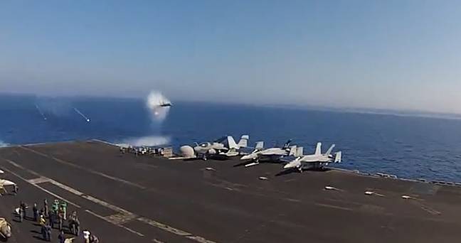 The F-18 flying by as it breaks the sound barrier. Credit: Newsflare/@FlightDeckLife