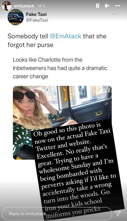 Emily Atack says she has received a barrage of abuse following the Fake Taxi Post. Credit: Instagram 