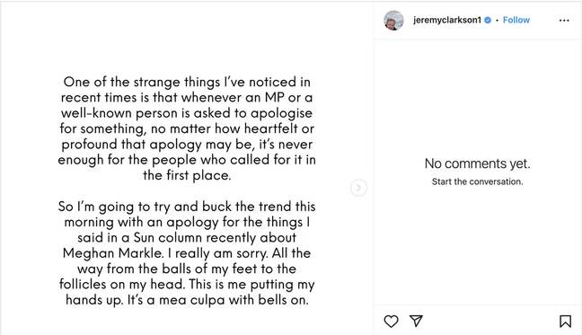 克拉克森今天早些时候道歉。图片来源： @jeremyclarkson1/instagram