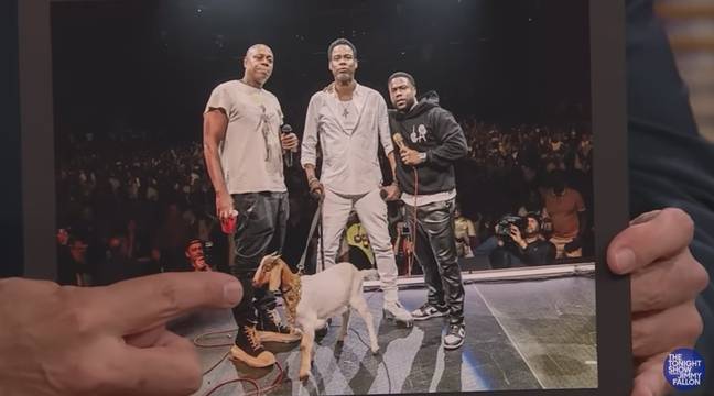 Kevin and the goat were joined on stage by Dave Chappelle and Chris Rock. Credit: NBC