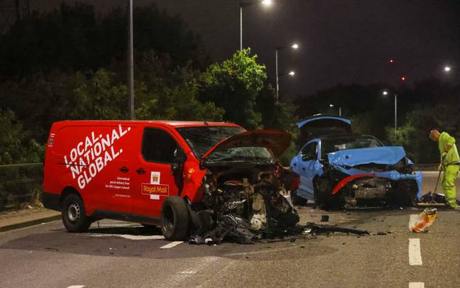 A group of young students were injured after their Lamborghini crashed into a Royal Mail van. Credit: UKNIP 247