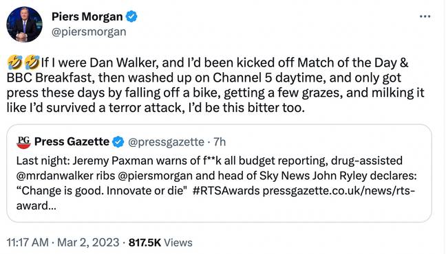 Morgan accused Walker of 'milking' his injuries. Credit: Twitter