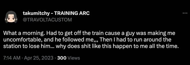 Many women have been followed off a train too. Credit: Twitter/ @TRAVOLTACUSTOM