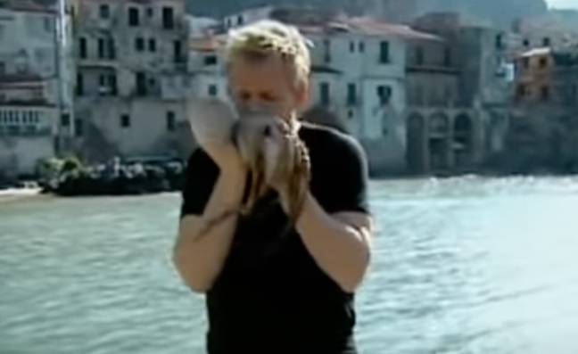 Ramsay looked as though the curse had taken a grip of him when he kissed an octopus he caught on The F Word. Credit: Channel 4