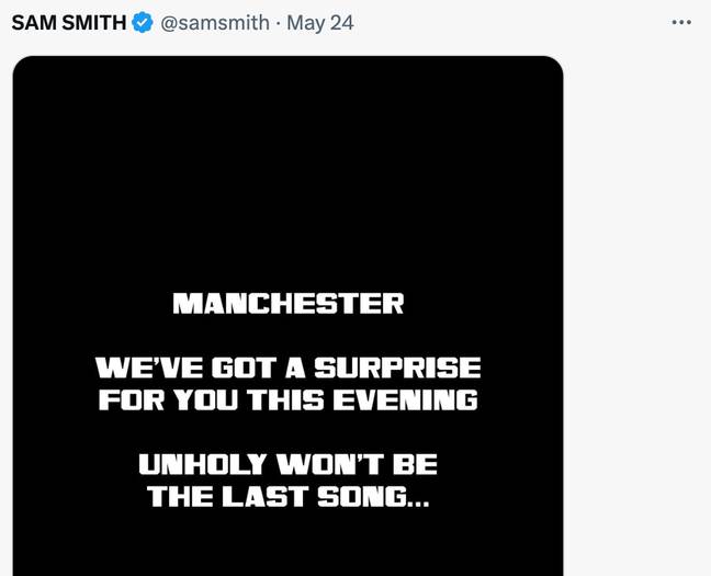 Sam Smith teased the surprise before going on stage. Credit: Twitter/@samsmith