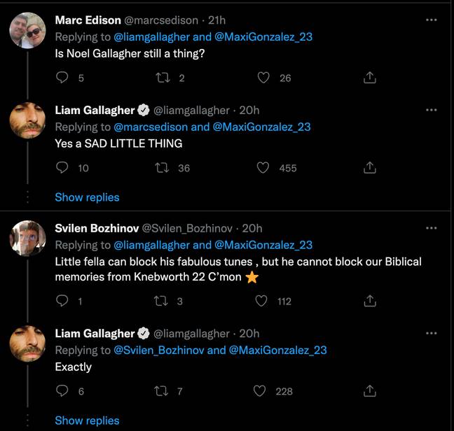 Liam continued his tirade against his brother by responding to comments on the thread. Credit: @liamgallagher/ Twitter