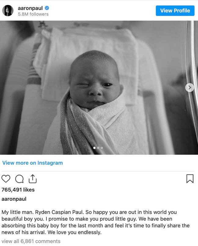The Breaking Bad star and his wife welcomed their second child into the world earlier this year. Credit: @aaronpaul/Instagram