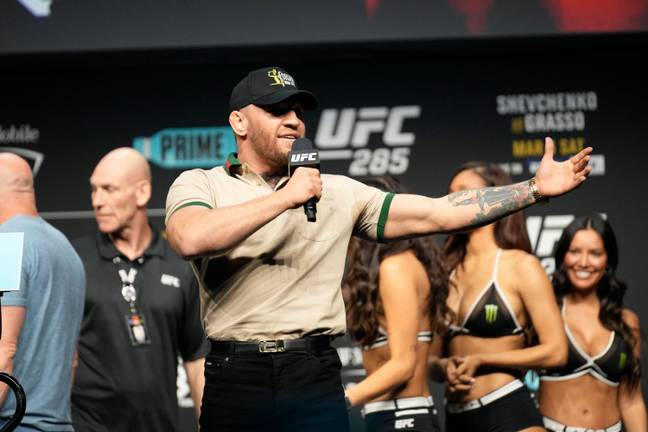 McGregor gatecrashed the weigh-in with some very exciting news. Credit: ZUMA Press, Inc. / Alamy Stock Photo