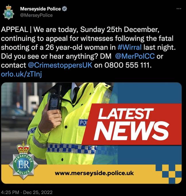 A third person has since been arrested in connection with her shooting. Credit: @MerseyPolice/Twitter